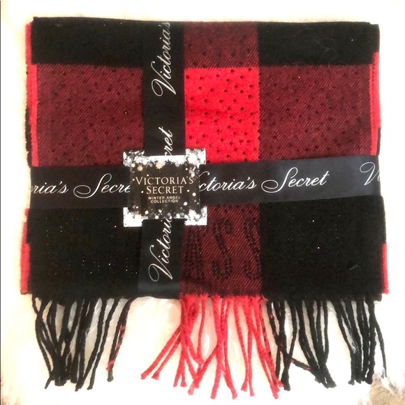 Victoria's Secret Accessories - NWT Victoria’s Secret sparkle scarlet red and black buffalo check winter scarf